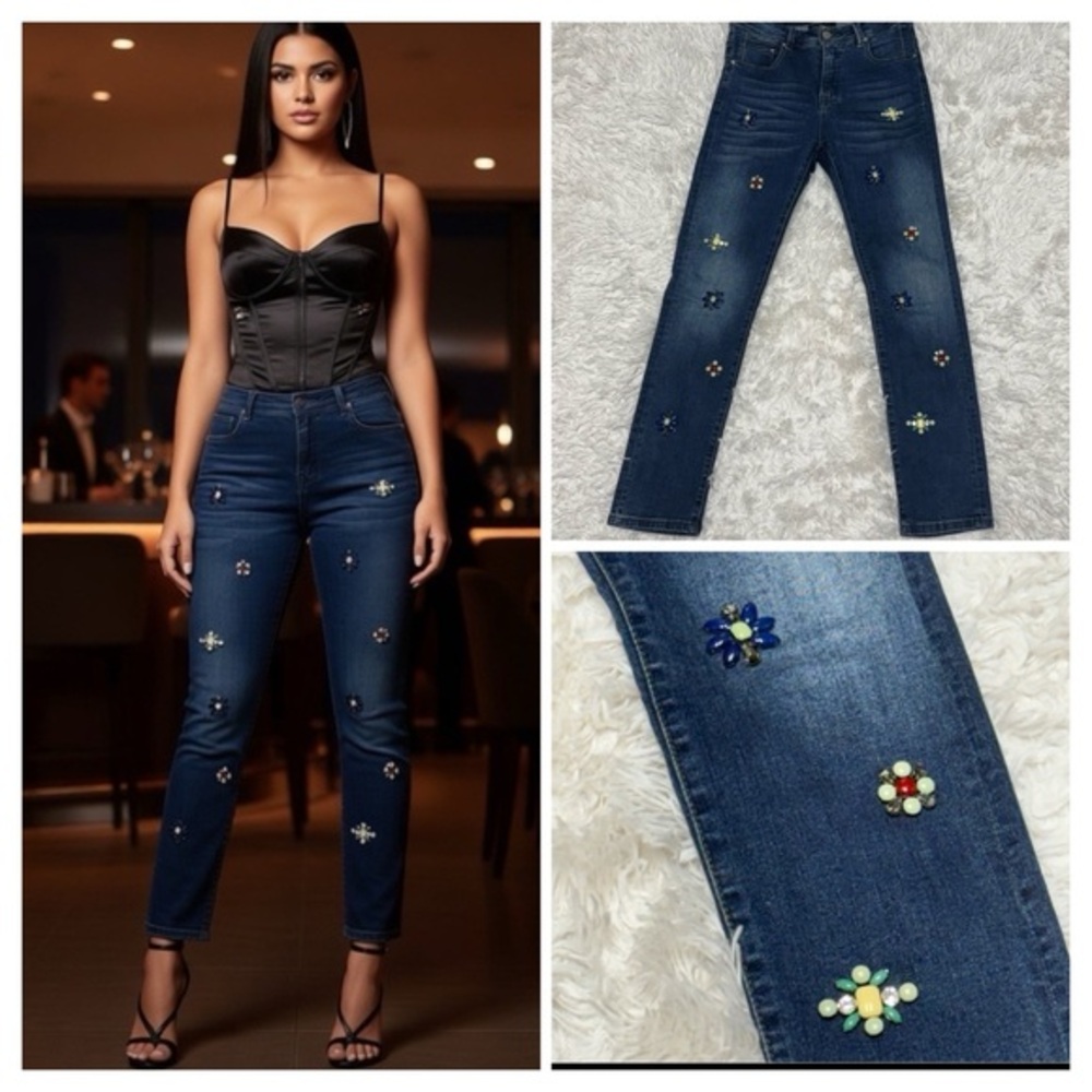 FRANK LYMAN Y2K Glam Crystal Flower Jewel Embellished Dark Wash Ankle Jeans Sz 6
